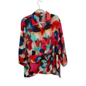 Ali Miles Watercolor Button Front Blouse Artsy Boho Lagenlook Womens Size 1x
